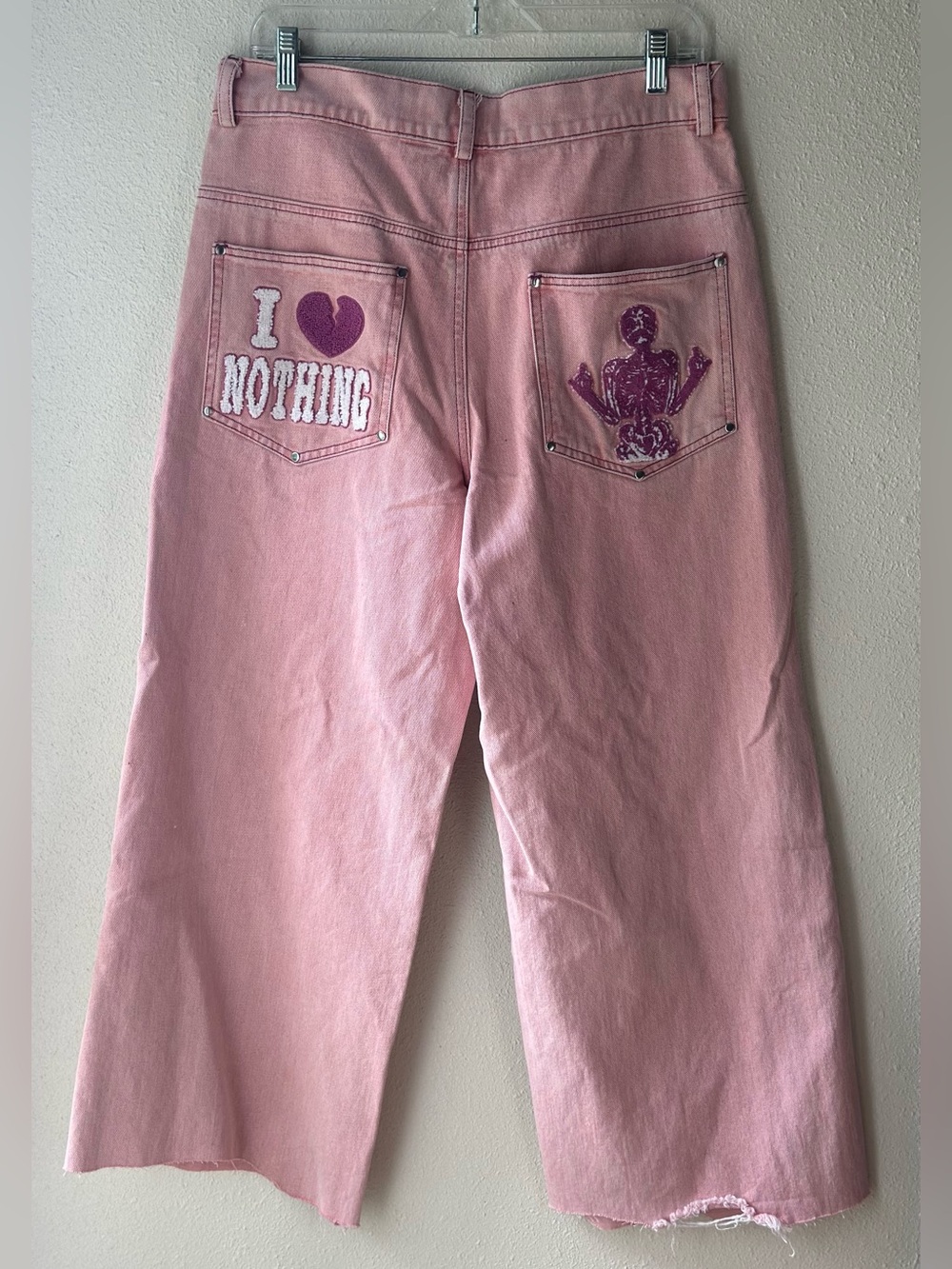 Heaven Can Wait I Heart Nothing Embroidered Wide Leg Baggy Y2K Pink Jeans M